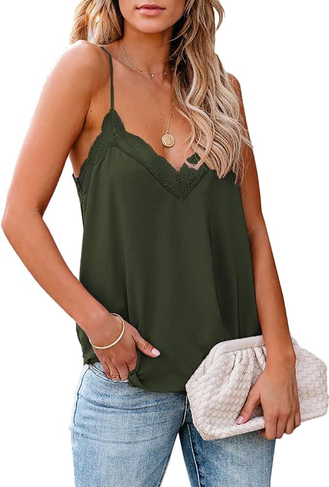 lime flare Sexy V Neck Lace Trim Cami Tank Tops | Amazon (US)