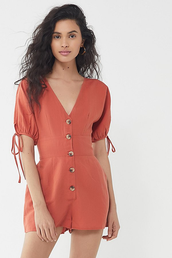UO Lily Linen Button-Front Romper - Red XS at Urban Outfitters | Urban Outfitters (US and RoW)