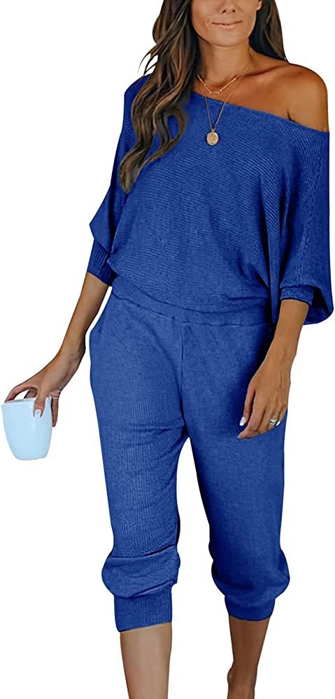 PRETTYGARDEN Women's 2 Piece Ribbed Tracksuit Outfits Off Shoulder Long Sleeve Pullover Long Pants w | Amazon (US)