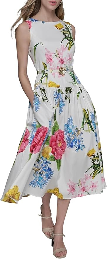 Karl Lagerfeld Women's Sleeveless Boat Neck Drop Waist Belted Midi Dress | Amazon (US)