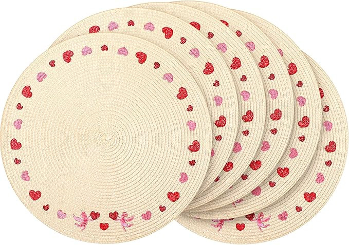 Remerry Valentine's Day Placemats Set of 6 Heart Embroidered Round Placemats Round Braided Place ... | Amazon (US)