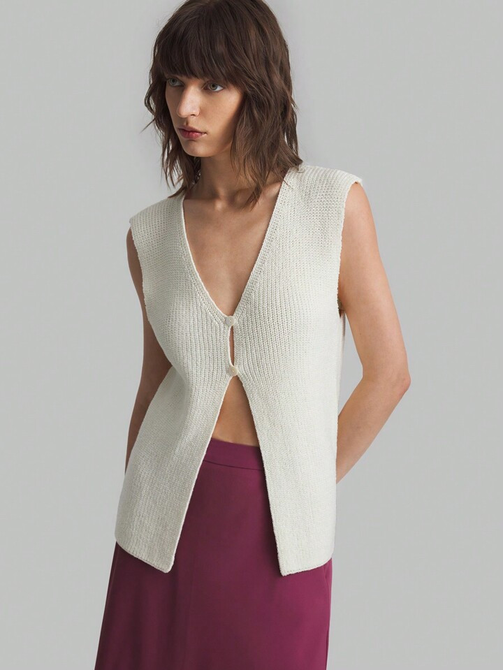 Ontre Women Casual Deep V-Neck Sleeveless Solid Color Simple Everyday Fashionable Button Decoration Knit Top, White Sweater | SHEIN