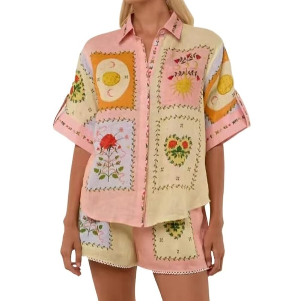 Women Graphic 2 Piece Pants Outfit,Short Sleeve Printed Button Down Shirt Shorts Set Casual Beach... | Amazon (US)