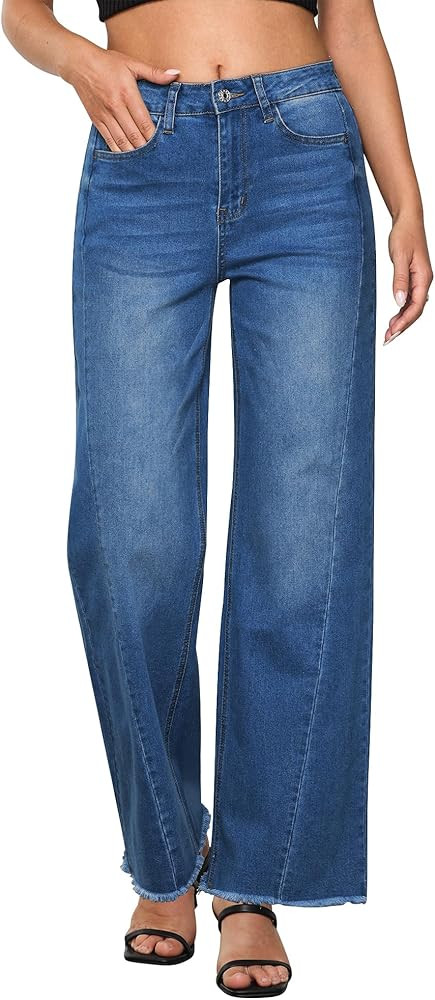 GRAPENT Wide Leg Jeans for Women High Waisted Trendy Strechy Denim Pants Side Seam Frayed Hem Bag... | Amazon (US)