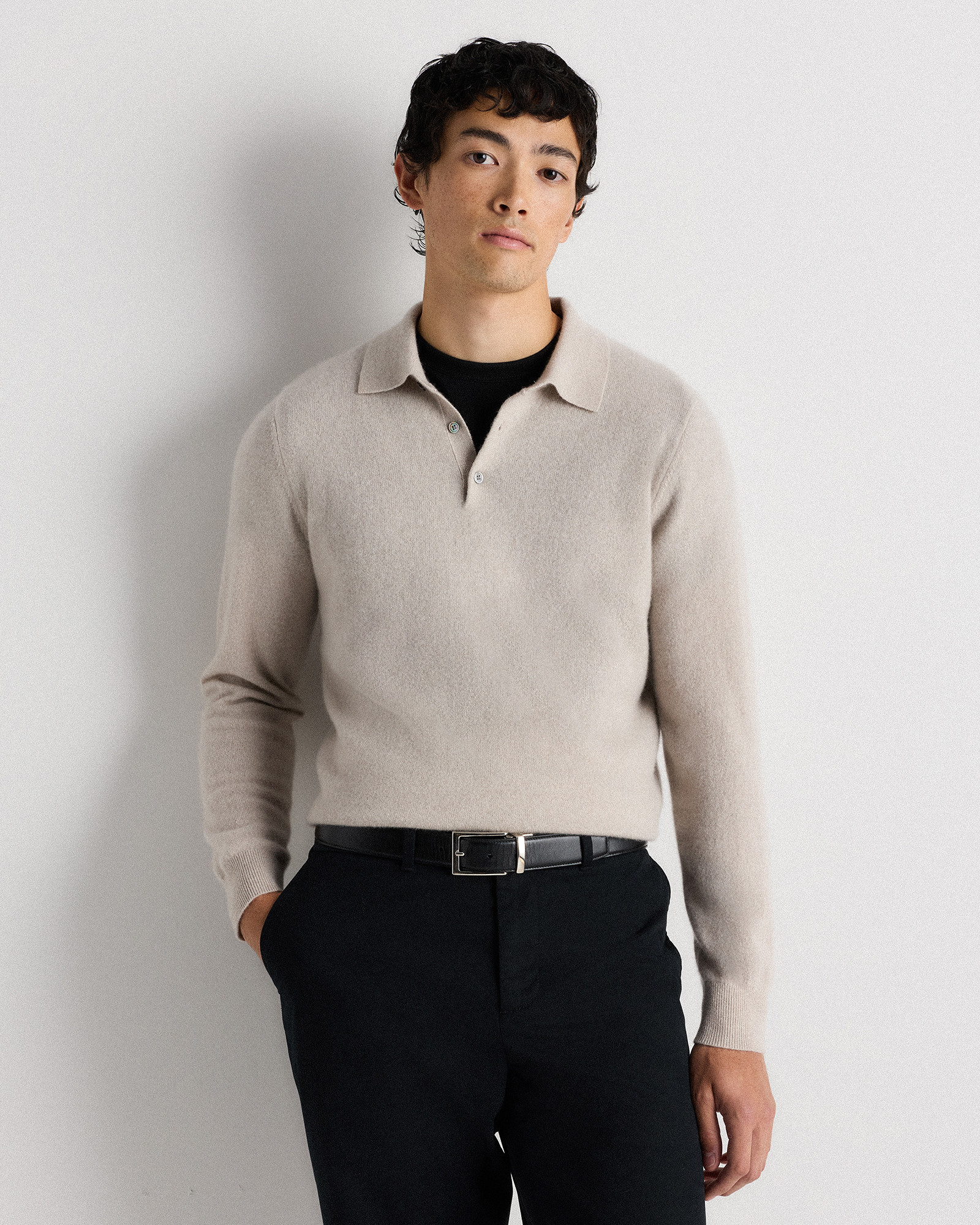 Quince | Men's Mongolian Cashmere Polo Sweater in Heather Cloud Beige, Size XL | Quince