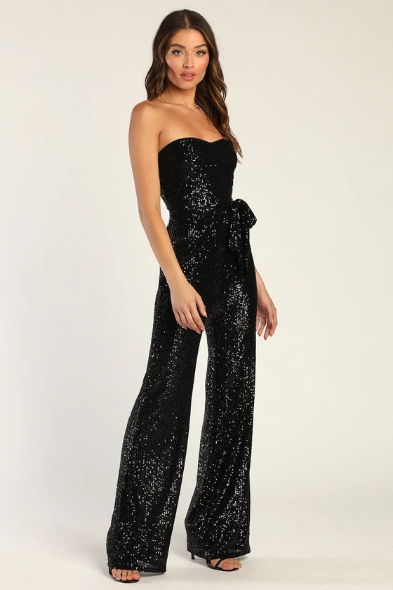 Flirty Moves Black Sequin Strapless Wide-Leg Jumpsuit | Lulus