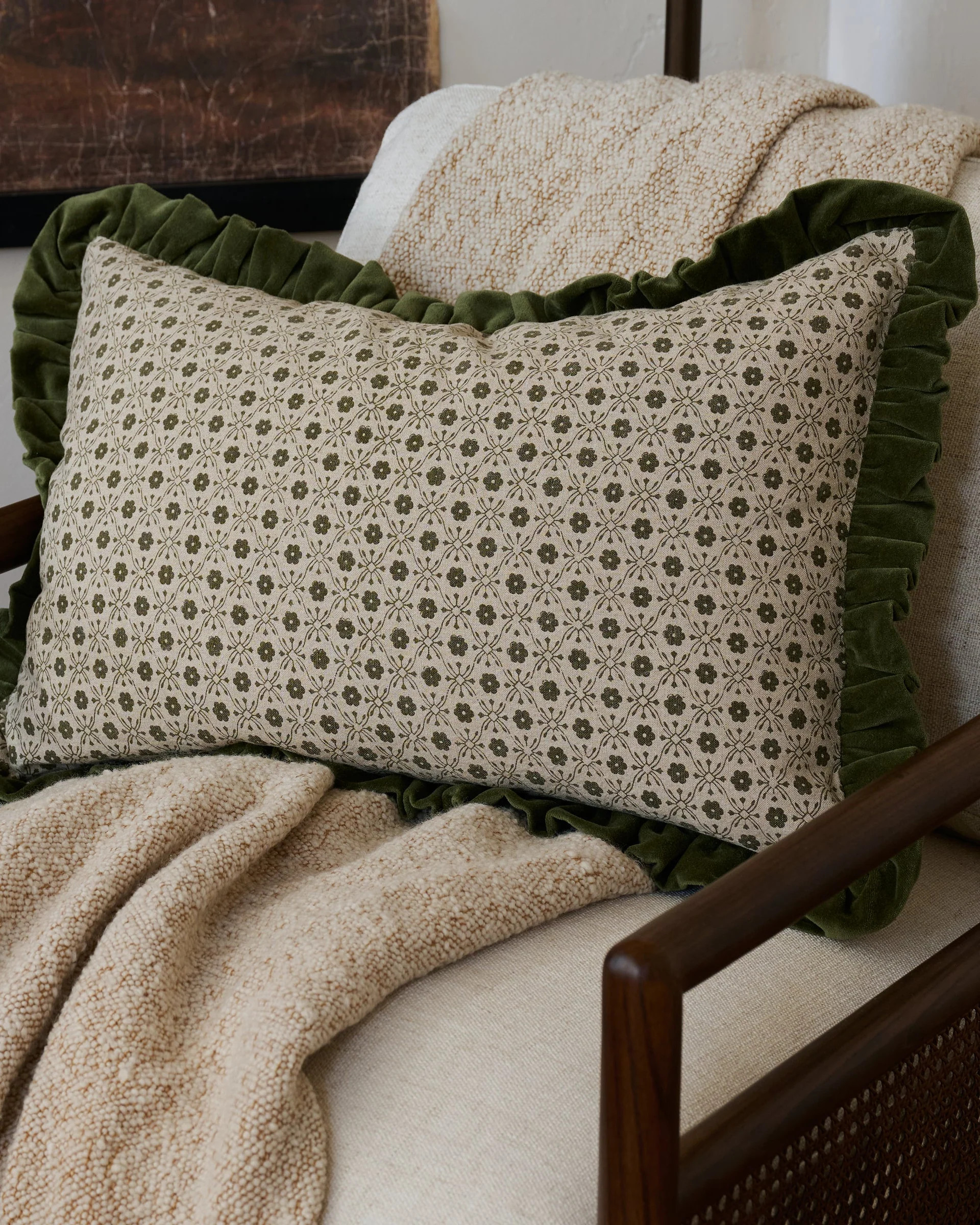 Thea Block Print Pillow w/ Velvet Ruffle Edge w/ insert, 16x24 | Magnolia