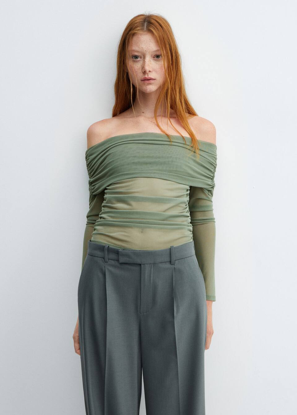 Off-the-shoulder tulle t-shirt -  Women | Mango United Kingdom | MANGO (UK)