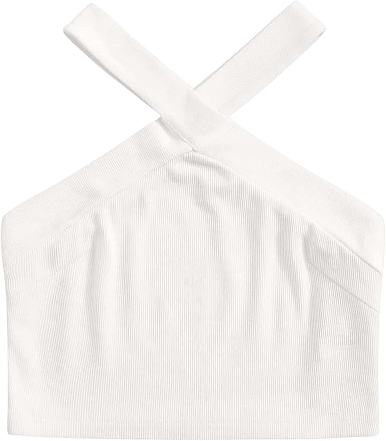 Floerns Women's Solid Criss Cross Sleeveless Rib Knit Halter Crop Tank Tops | Amazon (US)