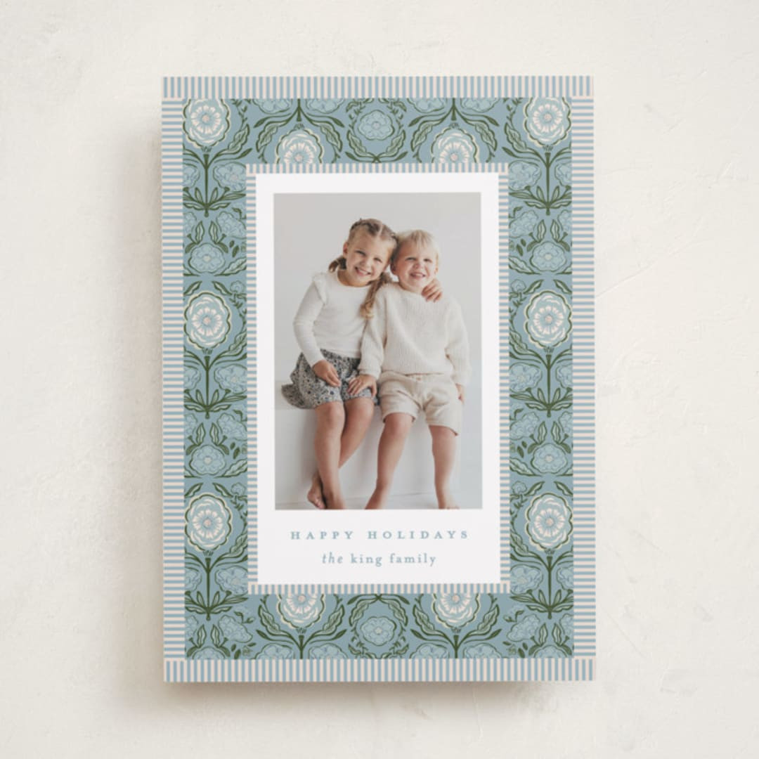 "Cottage Floral" - Customizable Holiday Photo Cards in Blue by Julie Murray. | Minted