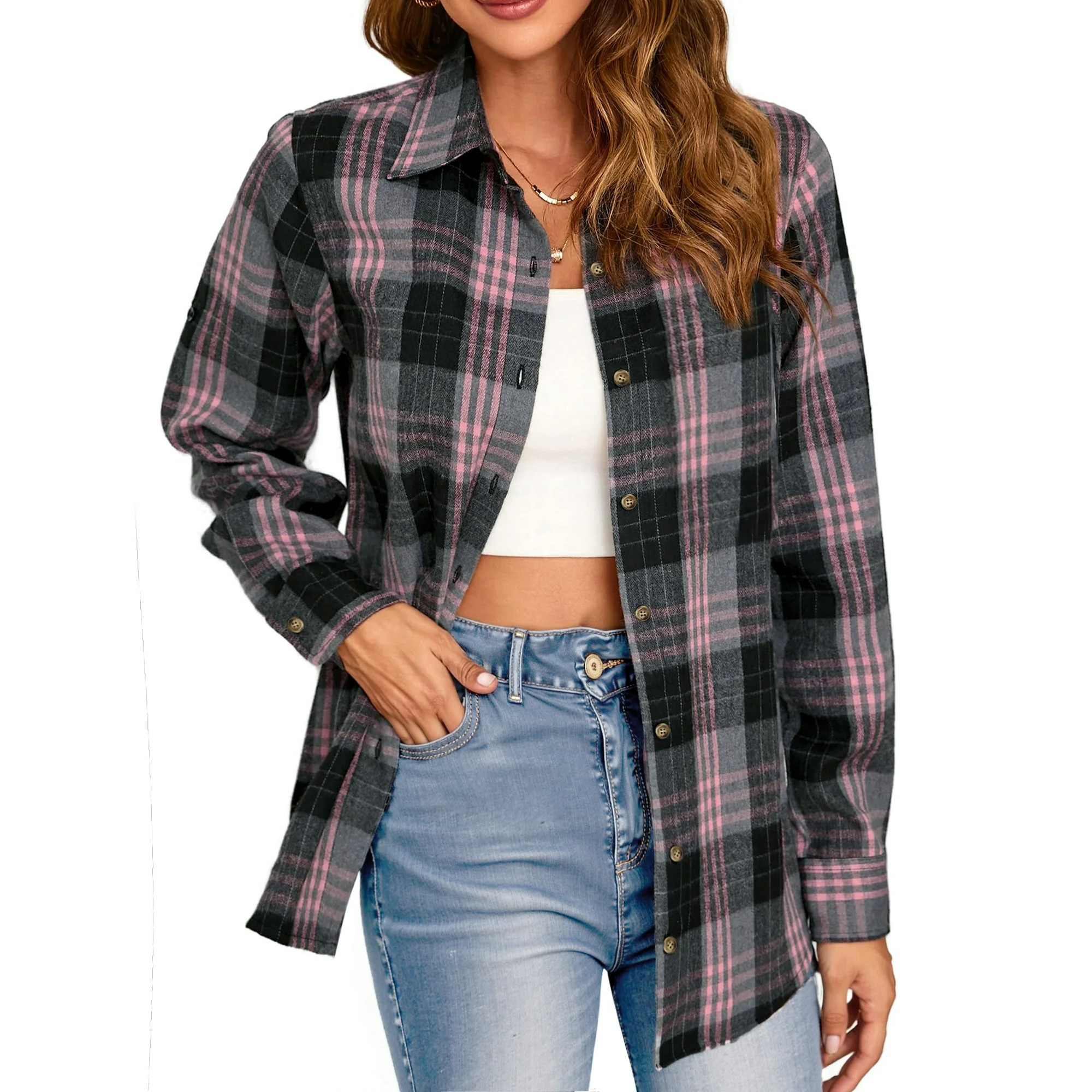 Fantaslook Plaid Flannel Shirts for Women Oversized Long Sleeve Button Down Shirts Blouses Tops -... | Walmart (US)
