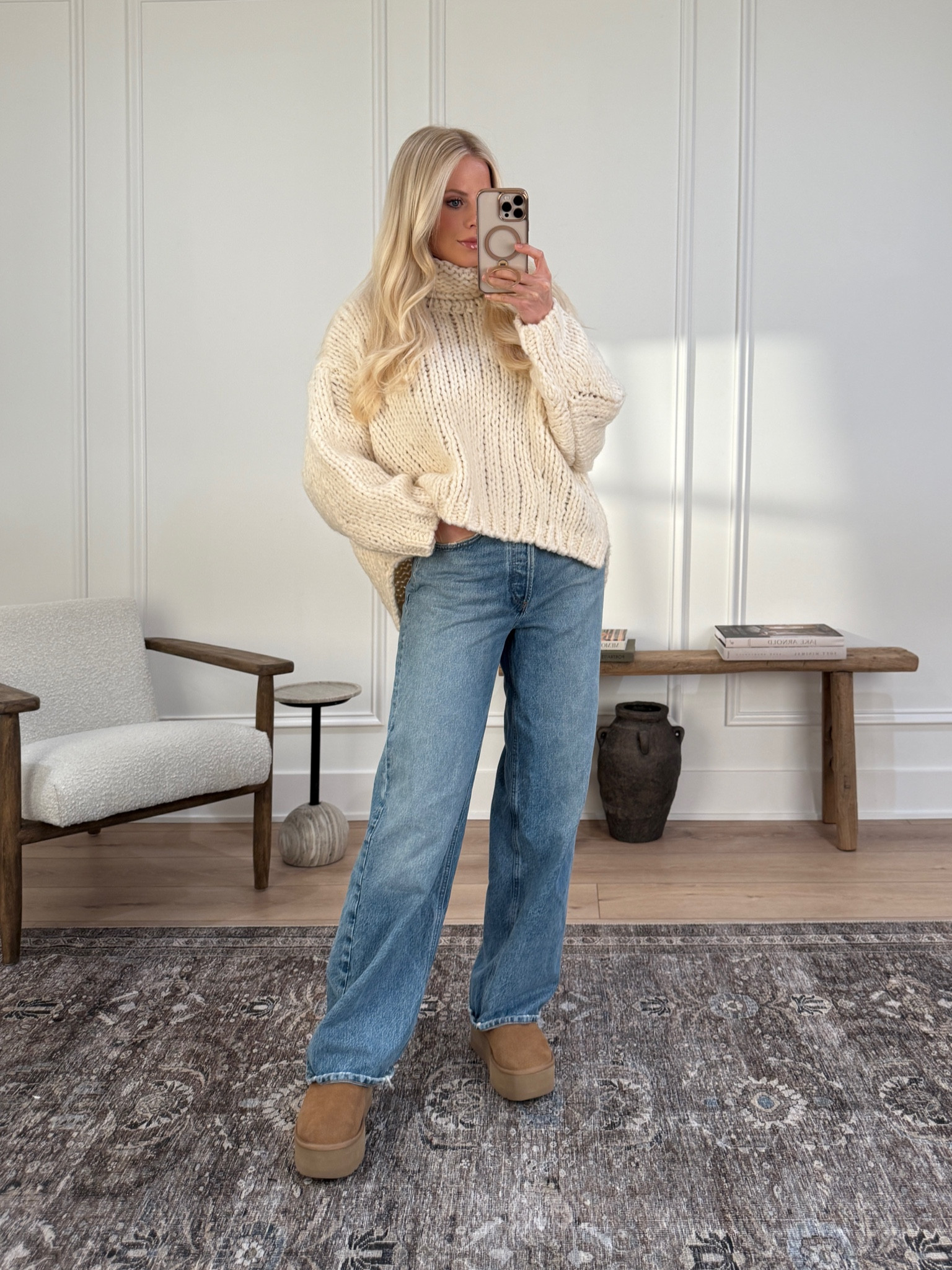 Cozy sweater, thanksgiving outfit 🤍code KATHLEEN30  size small in sweater, sized down 1 size in jeans. Looks like my exact wash is sold out now but linking the exact jeans in 3 other washes!