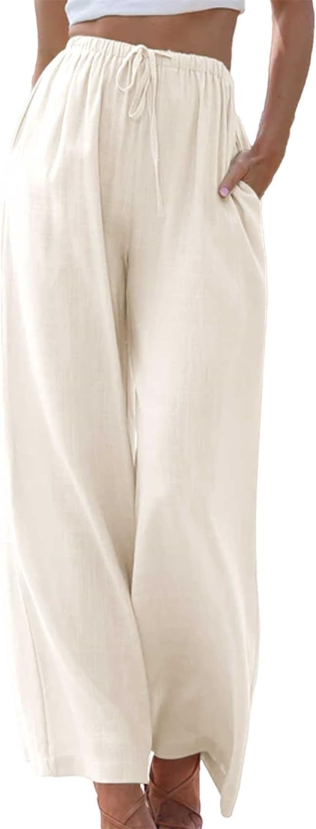 Duyang Womens Cotton Linen Palazzo Pants Drawstring Elastic Waist Casual Wide Leg Trousers with P... | Amazon (US)