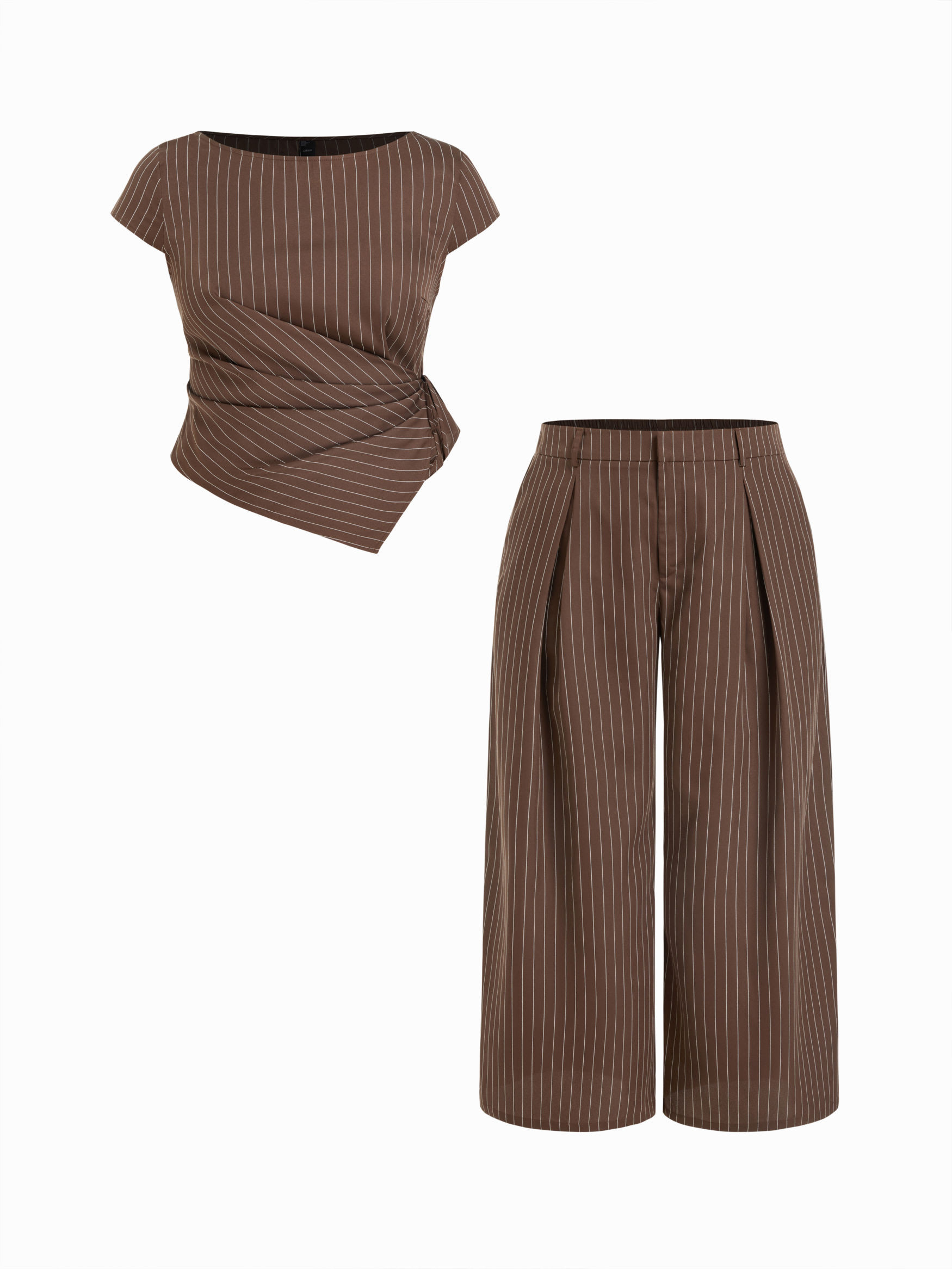 Striped Boat Neck Wrap Top & Mid Rise Wide Leg Trousers Set Curve & Plus | Cider