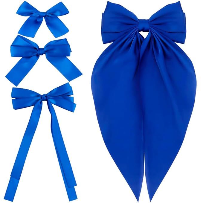 Hair Bows for Women Girls 4 Pcs Silky Satin Royal Blue Hair Ribbons Oversized Long Tail Bow Hair ... | Amazon (US)