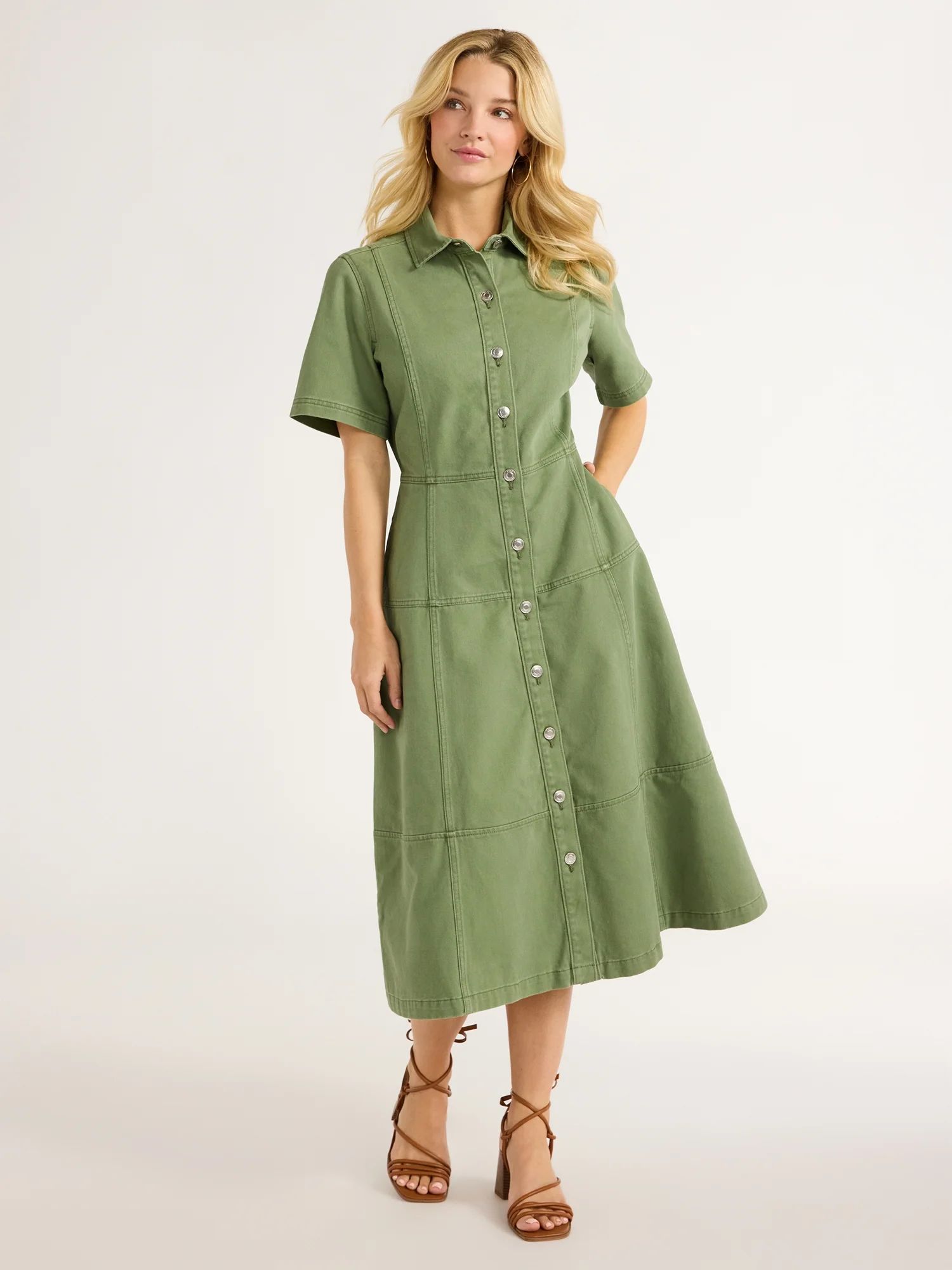 Free Assembly Women's Button Front Cotton Midi Dress with Short Sleeves, XS-XXL | Walmart (US)