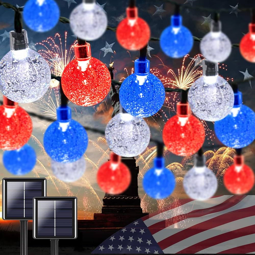 2-Pack Red White and Blue Crystal Globe Solar String Lights Outdoor, 64FT 100 LED Waterproof Sola... | Amazon (US)