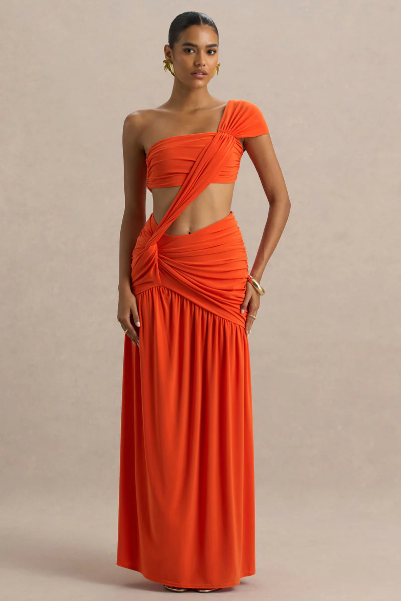 Cadiz  Orange Asymmetric Maxi Dress With Cut-Out Detail and Open-Back | Club L London