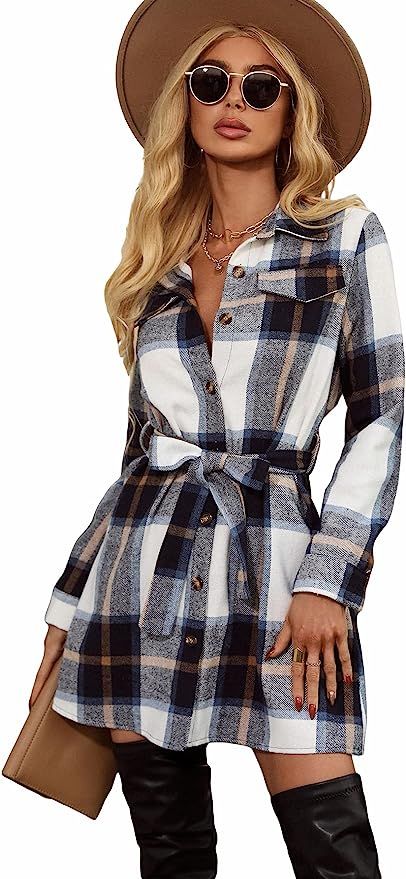 SOLY HUX Women's Plaid Button Down Long Sleeve Belted Shirt Dress Casual Mini Dresses | Amazon (US)