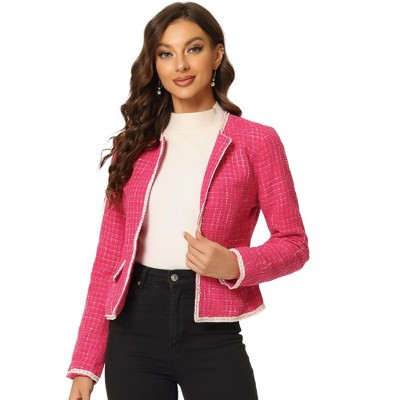 Allegra K Women's Long Sleeve Open Front Work Office Short Plaid Tweed Blazer Hot Pink X-Large | Target