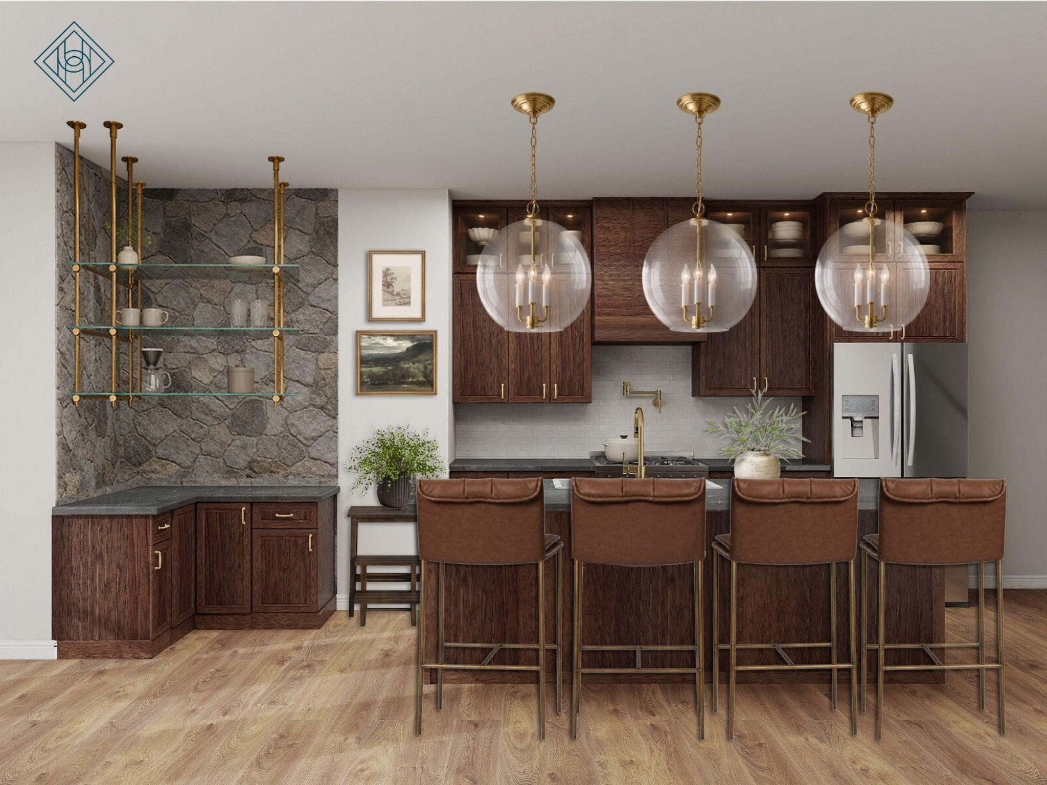 A kitchen that makes a bold, sophisticated statement. 

Rich dark cabinetry, soapstone countertops, and layered stone textures create a dramatic, timeless foundation. Glass and brass shelving transforms the coffee bar into a functional focal point, while oversized glass and brass pendants add architectural interest above the island. Leather and brass counter stools soften the darker palette, balancing the Greystone backsplash and textured cream-gray subway tile with warmth and refined contrast.

Designed with thoughtful details, this kitchen is equal parts elevated, functional, and effortlessly timeless. 

 #LTKHome #KitchenDesign #MoodyKitchen #DarkKitchen #InteriorDesign #KitchenInspo #BrassAccents #LuxuryInteriors #LTKCreator