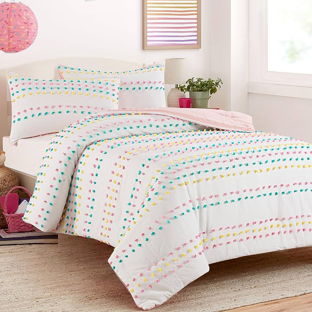 HOMBYS Tufted Pom Poms Bedding Comforter Set for Girls, 3 Piece White Pink Boho Jacquard Kids Com... | Amazon (US)