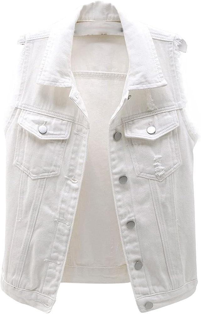 Women's Casual Denim Waistcoat Slim Fit Frayed Sleeveless Jacket Ripped Tops with Pockets | Amazon (US)