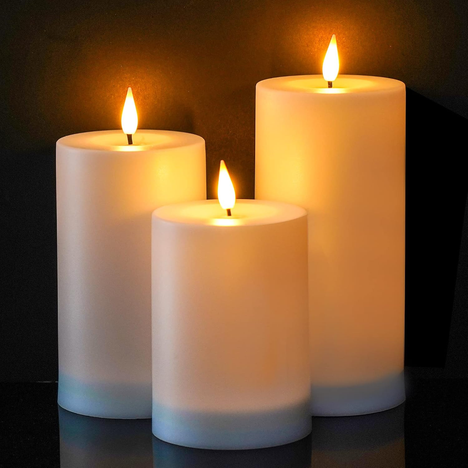 VIODAIM Solar Candles Outdoor Waterproof: Flameless Flickering Pillar LED Candles Set of 3 Dusk to Dawn Rechargeable Sensor Lights 3x4/5/6 Inch White | Amazon (US)