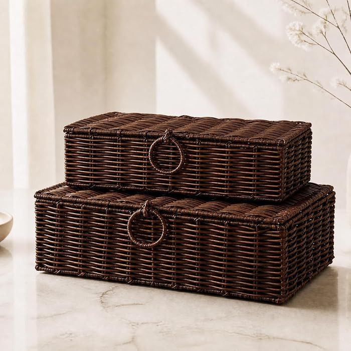 Hushee Set of 2 Wicker Storage Baskets with Lid Woven Wicker Storage Bins Woven Rattan Decorative... | Amazon (US)