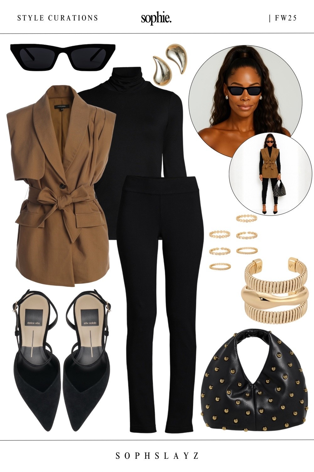 This look: black turtleneck top, black legging pants, sleeveless brown belted blazer, black pointed-toe slingbacks, black and gold studded handbag, gold statement earrings, gold ring stack, and bold cateye sunglasses.
Sophisticated neutrals with a high fashion twist. This is how you do elevated fall layering.
Perfect for a networking brunch, dinner with friends, or power lunch where style makes the first impression.
🔎 fall outfits, belted jacket,, slingback pumps, statement bag, fall power outfit, FW25, fall capsule wardrobe 


#LTKStyleTip #LTKItBag
