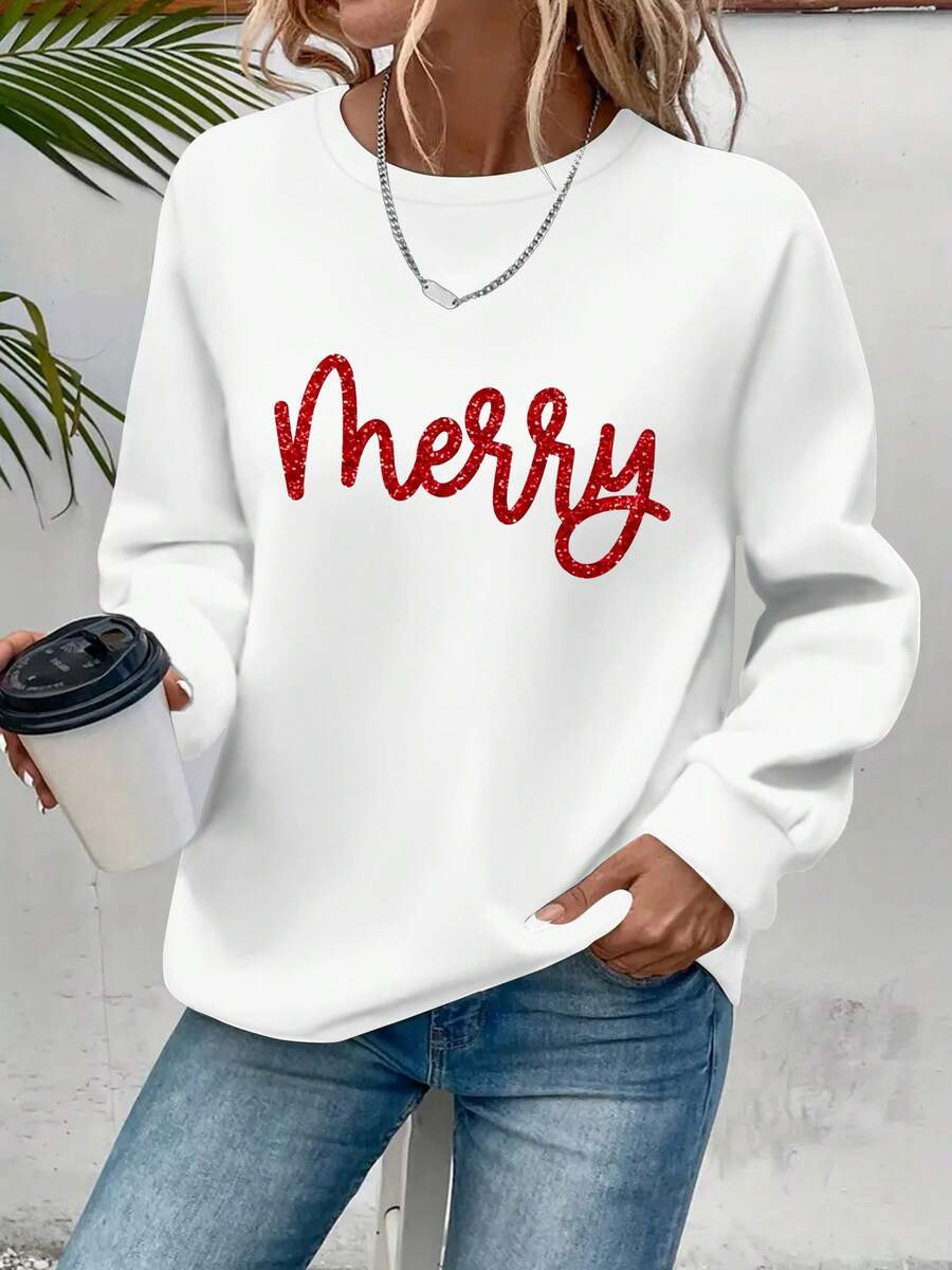Warm Christmas Women's Long Sleeve Round Neck Pullover Sweatshirt, Minimalist Red Rhinestone "Mer... | SHEIN
