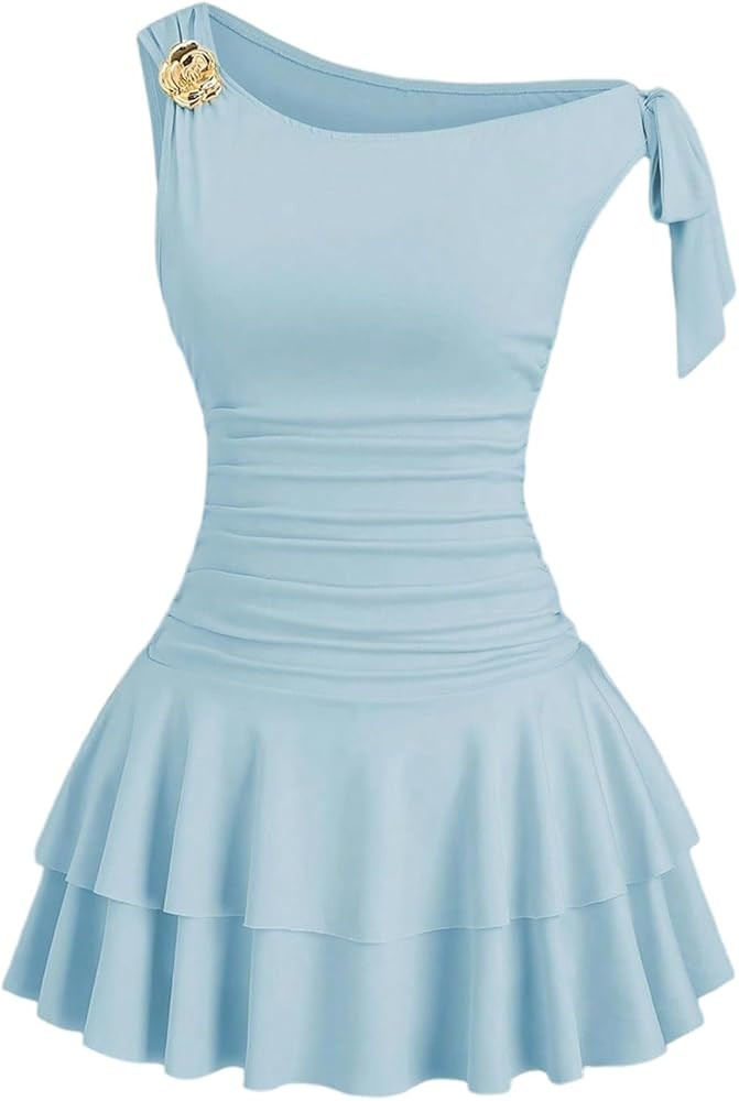 Floerns Women's Mini Dress Off The Shoulder Metal Floral Sleeveless Layered Hem Going Out Dresses | Amazon (US)
