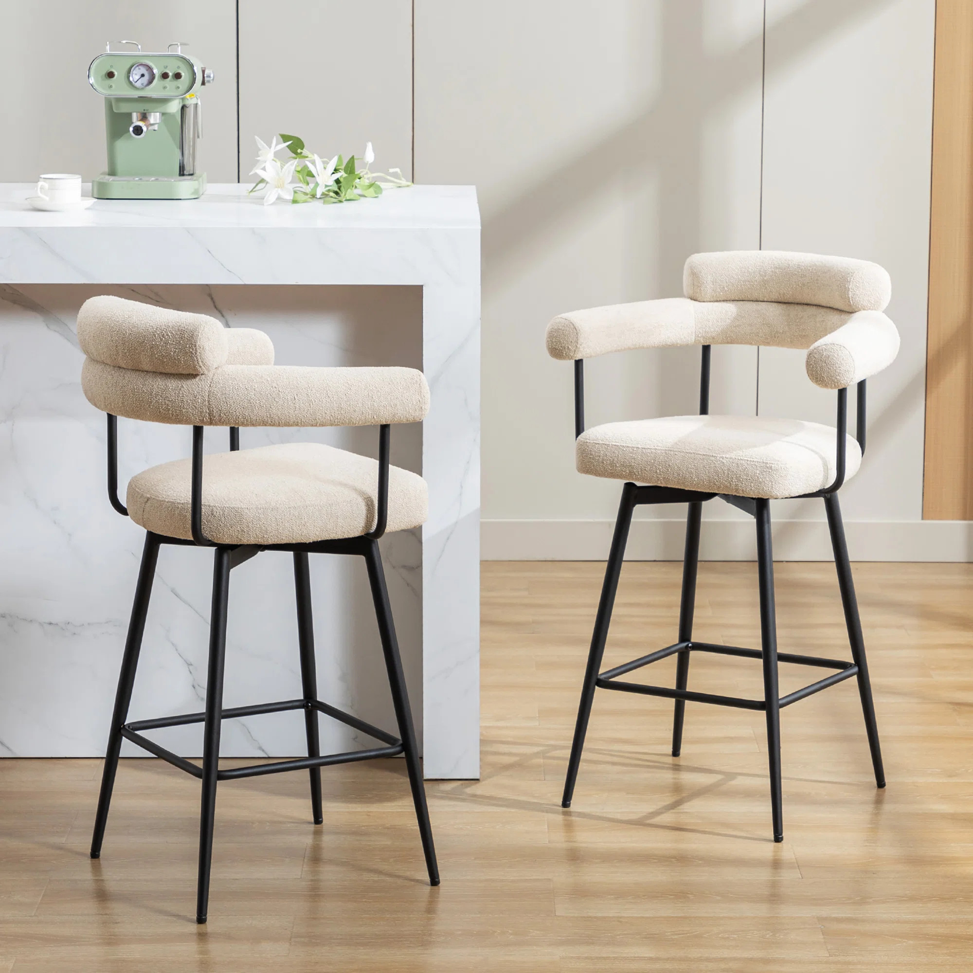 Kiylan Swivel Upholstered 26.7" Linen Counter Stool with Curved Wing Back and Metal Frame (Set of... | Wayfair North America