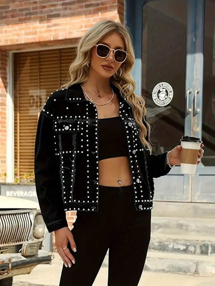 Stylish Women's Casual Long Sleeve Black Denim Shacket, Featuring Studded Design And Pockets, Per... | SHEIN