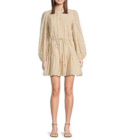 Antonio Melani Brynn Eyelet Mock Neck Button Front Long Sleeve Tie Waist Dress - 0 | Dillard's