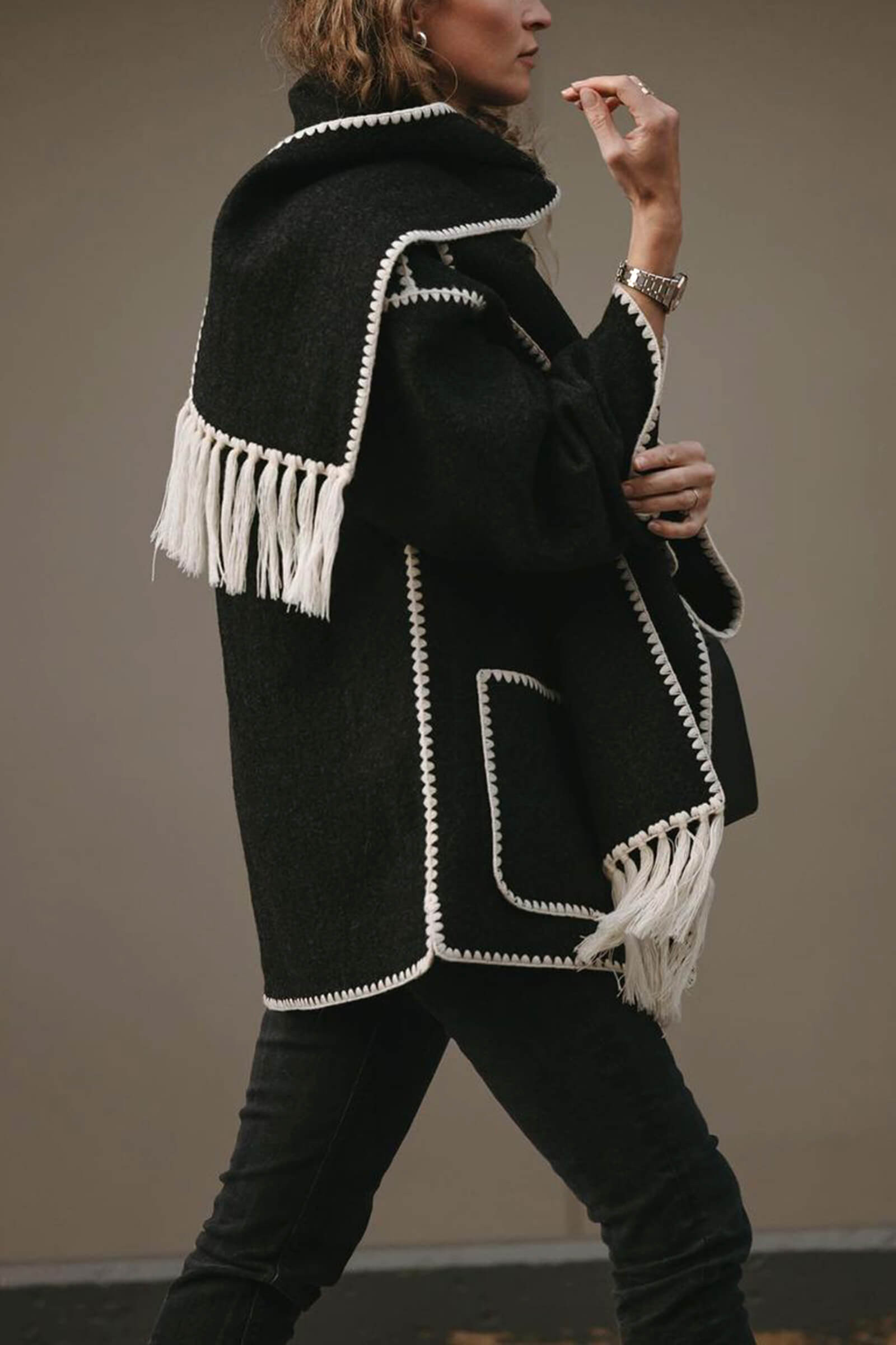 Black Contrast Drop Shoulder Wool-Blend Tweed Coat with Scarf | J.ING