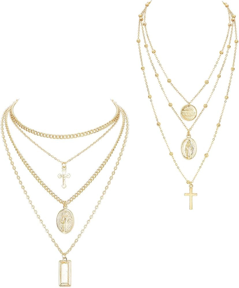 ORAZIO 2PCS Layered Choker Necklaces for Women Tag Coin Cross Crucifix Blessed Virgin Mary Pendan... | Amazon (US)