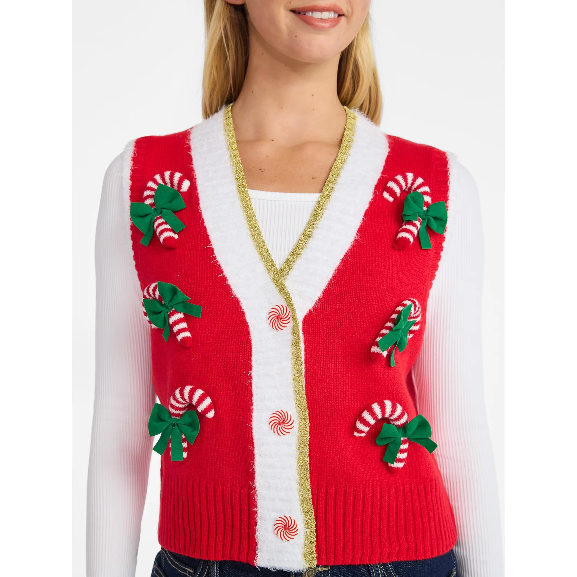 No Boundaries V-Neck Button Front Christmas Vest, Women’s | Walmart (US)