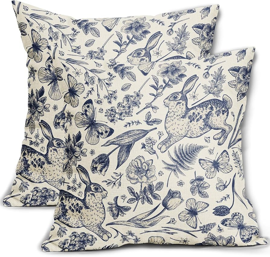 Spring Navy Blue Easter Pillow Covers 18x18 Inch Set of 2 Rabbit Bunny Floral Leaf Butterfly Bota... | Amazon (US)