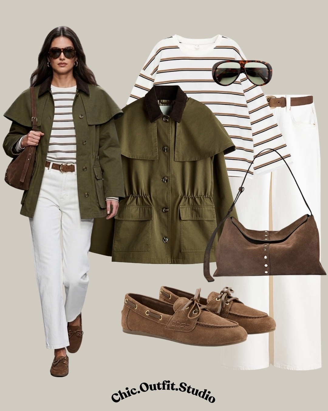 Casual striped look

✨This olive cape jacket styled with a striped top and white trousers creates a relaxed yet polished spring outfit with a subtle Parisian feel. Finished with loafers and soft neutral accessories, it’s an easy look for weekend brunch, coffee dates, travel days, or casual work settings. Effortless layering that feels fresh, timeless, and perfect for mild spring days.

✨Tags: olive jacket outfit women, striped top outfit women, spring casual chic outfit, European casual style, minimalist spring outfit, white trousers outfit women, everyday chic outfit, transitional weather outfit

#LTKshoes #LTKstyletip #LTKspring