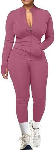 UOUA Two Piece Outfits Women Tracksuit Sets Long Sleeve Zip Up Jacket & Leggings for Gym Workout ... | Amazon (US)