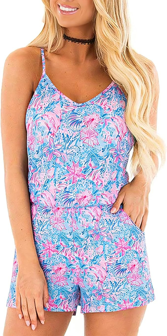 Amazon.com: RAISEVERN Womens Rompers for Summer Casual Pink & Blue Tropical Shell Conch Short Jum... | Amazon (US)