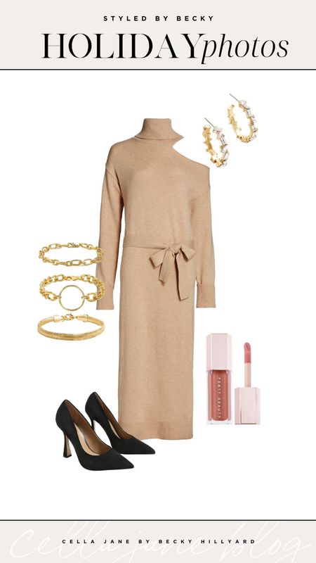 Holiday photo outfit inspiration! Camel sweater dress, suede heels, gold accessories  

#LTKstyletip