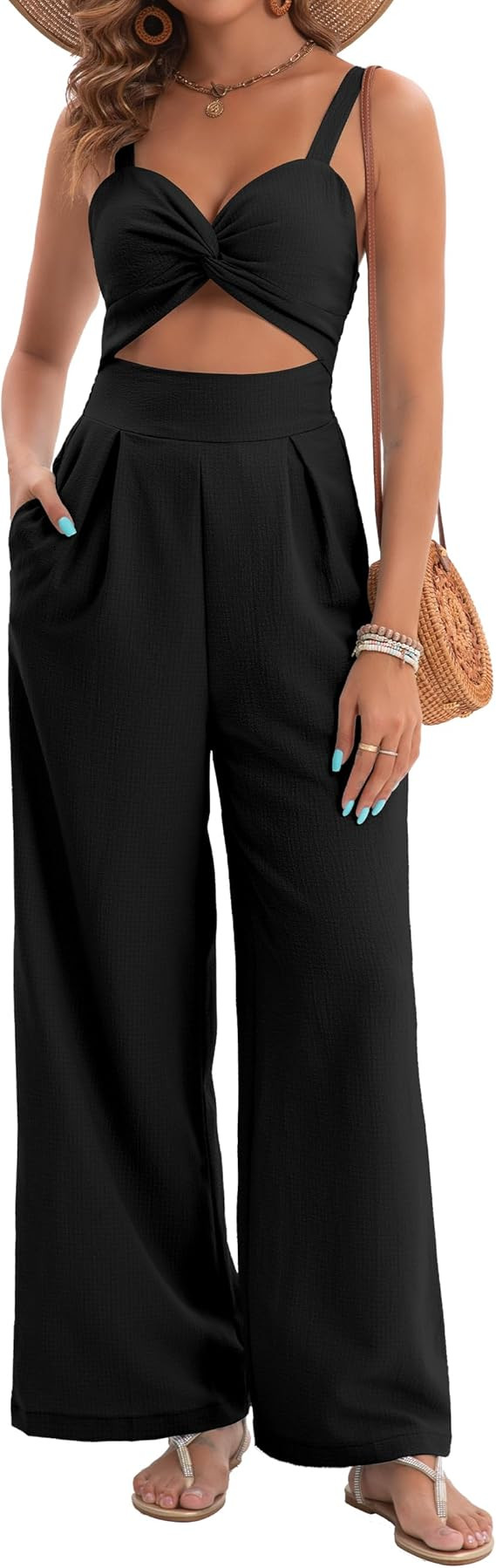 Womens Summer Jumpsuits Dressy Sexy V Neck Twist One Piece Outfits Sleeveless Casual Wide Leg Lon... | Amazon (US)