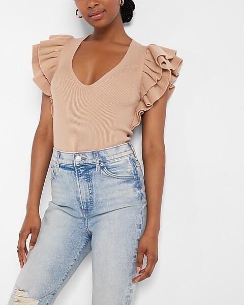 Ruffle Sleeve V-Neck Sweater | Express