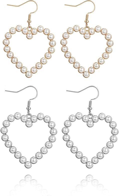 Pearl Heart Dangle Earrings for Women Gold Love Heart Earrings Silver Pearl Drop Earrings for Wom... | Amazon (US)