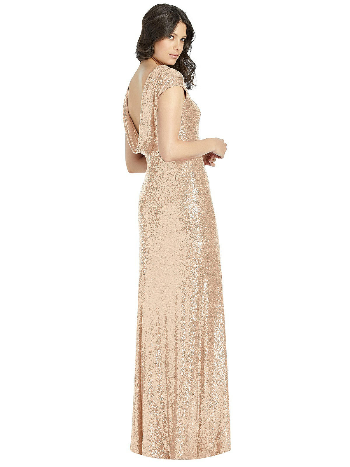 Cap Sleeve Cowl-Back Sequin Gown with Front Slit | The Dessy Group