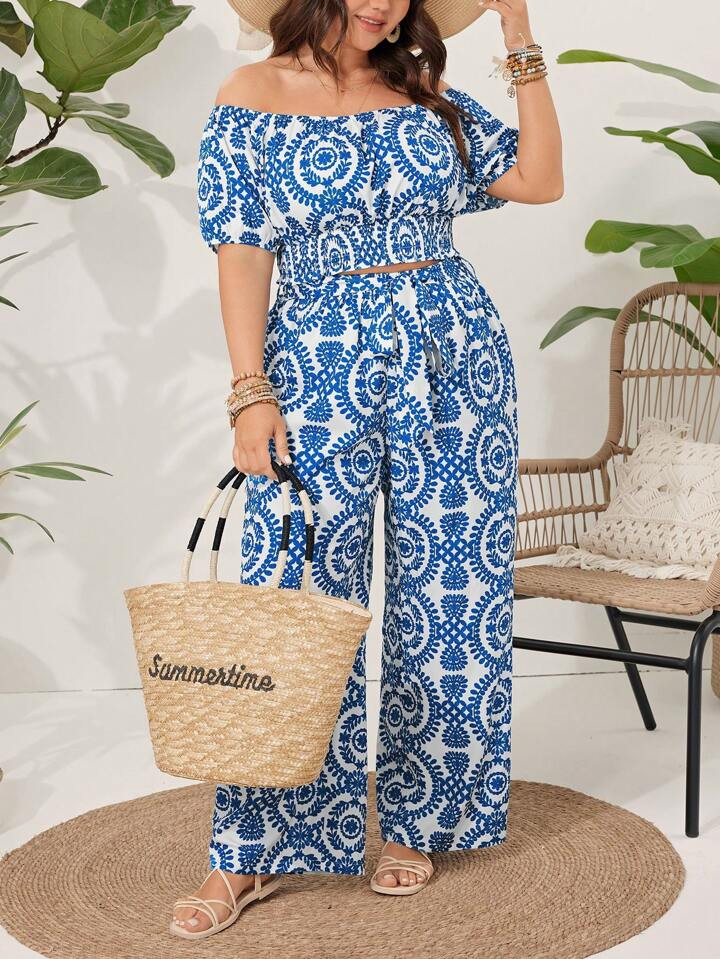 SHEIN VCAY Plus Size Women's Floral Pattern Off Shoulder Top And Pants Set Summer Two Piece Outfi... | SHEIN