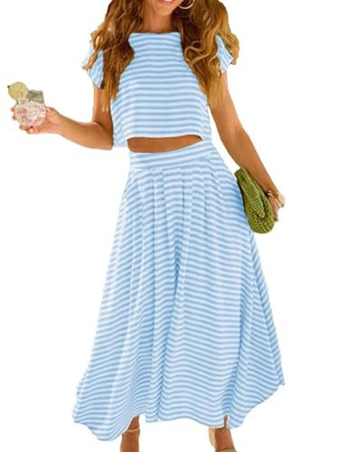 Zontroldy Women's Summer 2 Piece Outfits Striped Skirt Sets Cap Sleeve Crop Top Midi Dress Matchi... | Amazon (US)