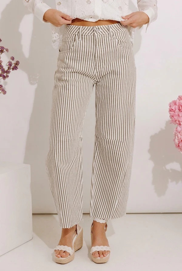 JUST USA Wilma High Waist Stripe Barrel Leg Jean | Impressions Online Boutique